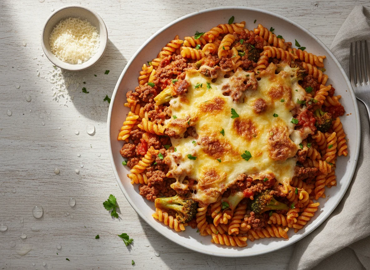 Macarrão Fusilli com Carne Moída, Brócolis e Queijo Gratinado photo