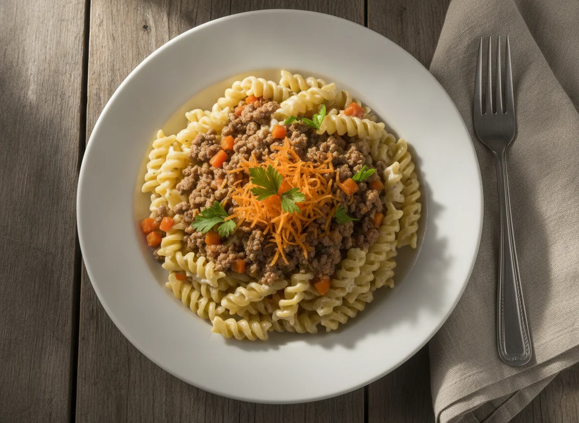 Macarrão fusilli com carne moída e cenoura ralada photo