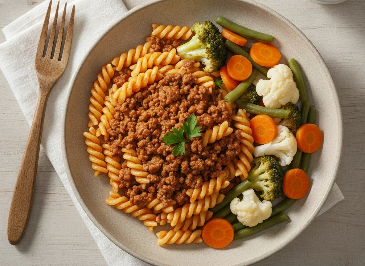 Macarrão fusilli com carne moída e legumes no vapor photo