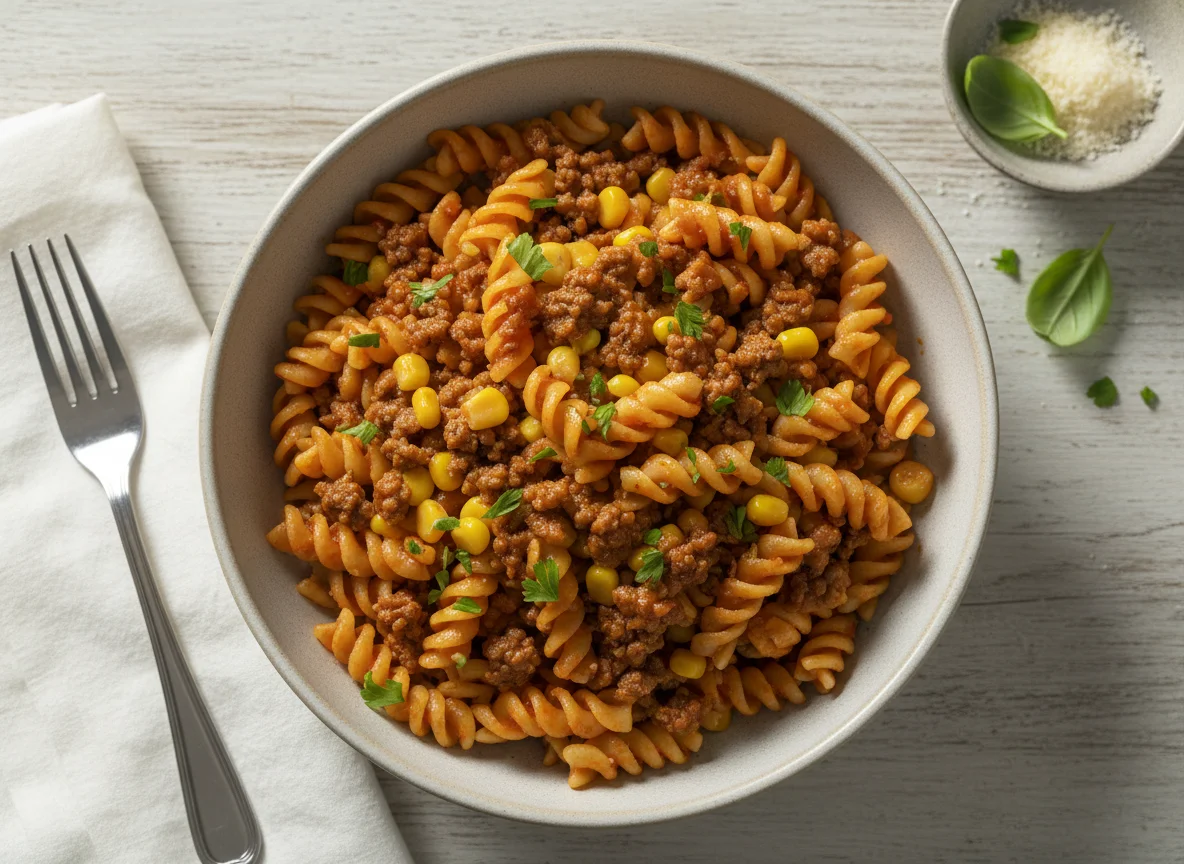 Macarrão Fusilli com Carne Moída e Milho photo