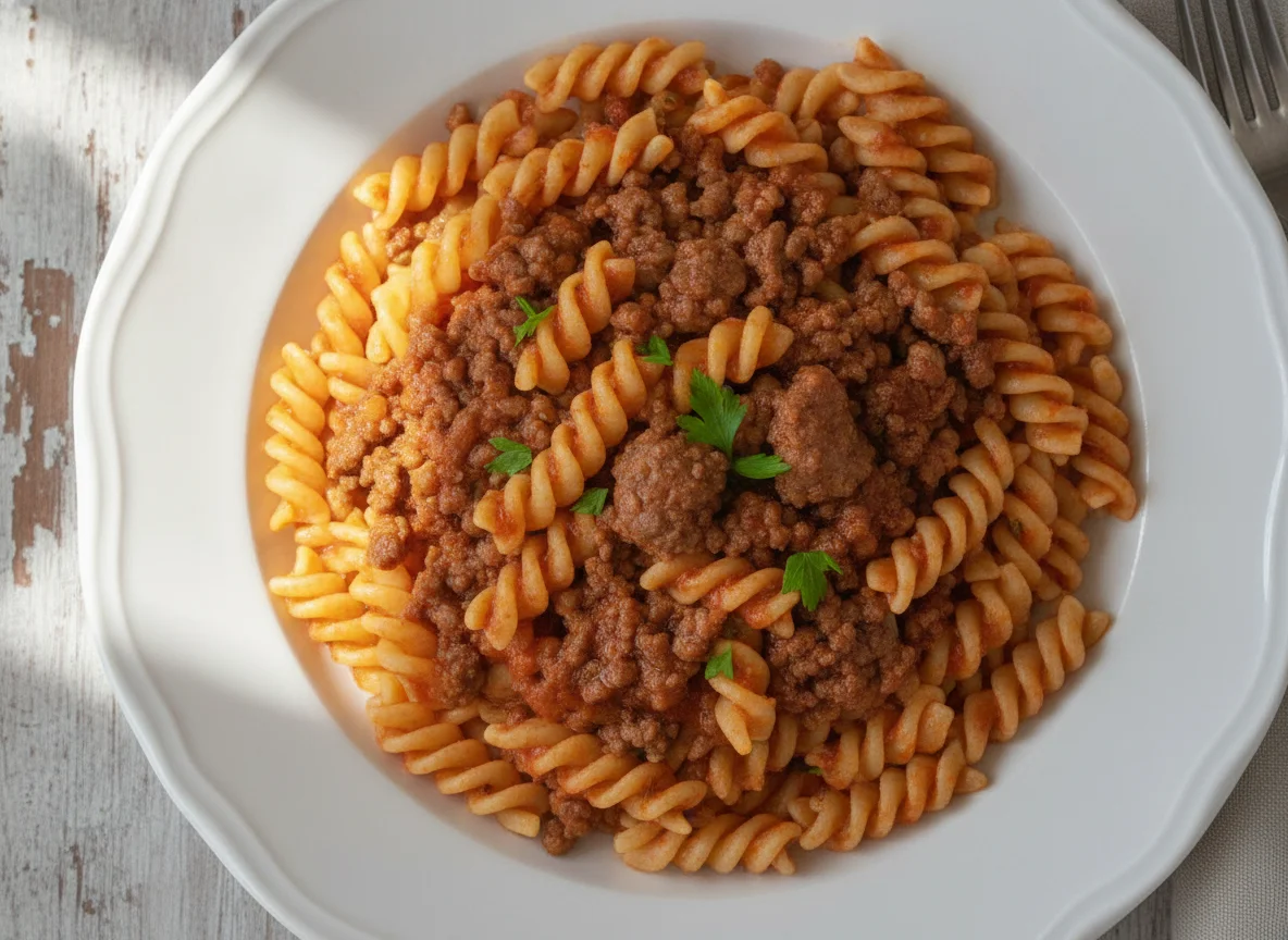 Macarrão fusilli com carne moída e molho de tomate photo