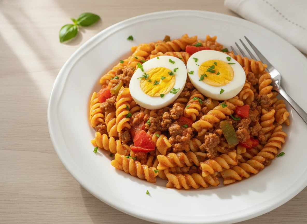 Macarrão fusilli com carne moída e ovos cozidos photo