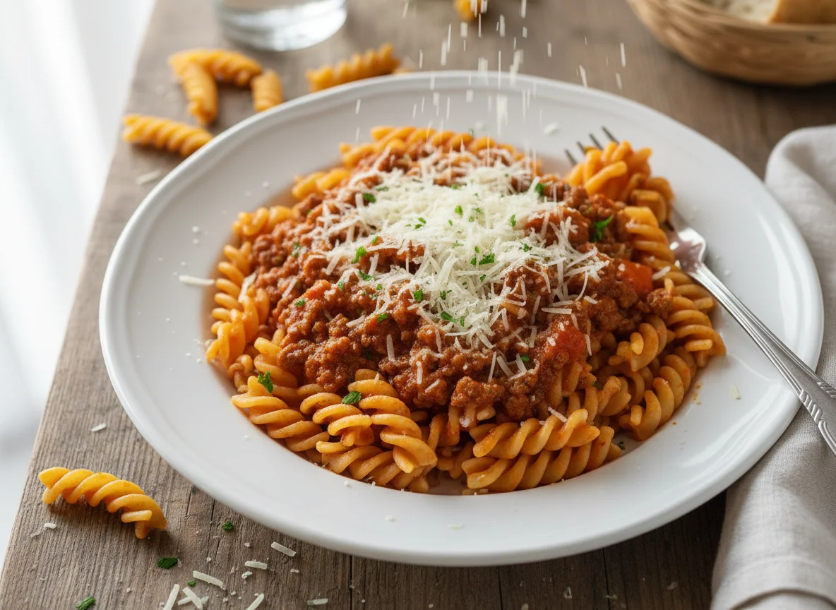 Macarrão Fusilli com Carne Moída e Queijo Ralado photo