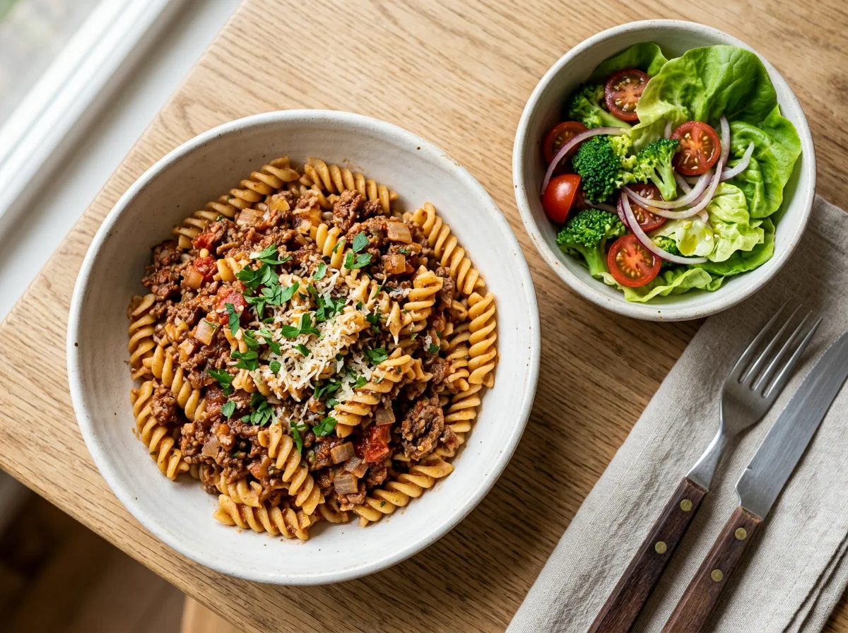 Macarrão Fusilli com Carne Moída e Salada photo