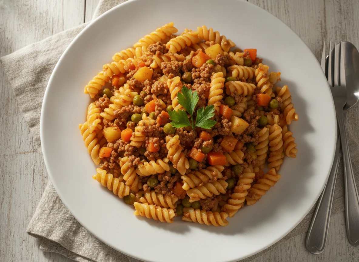 Macarrão fusilli com carne moída e seleta de legumes photo