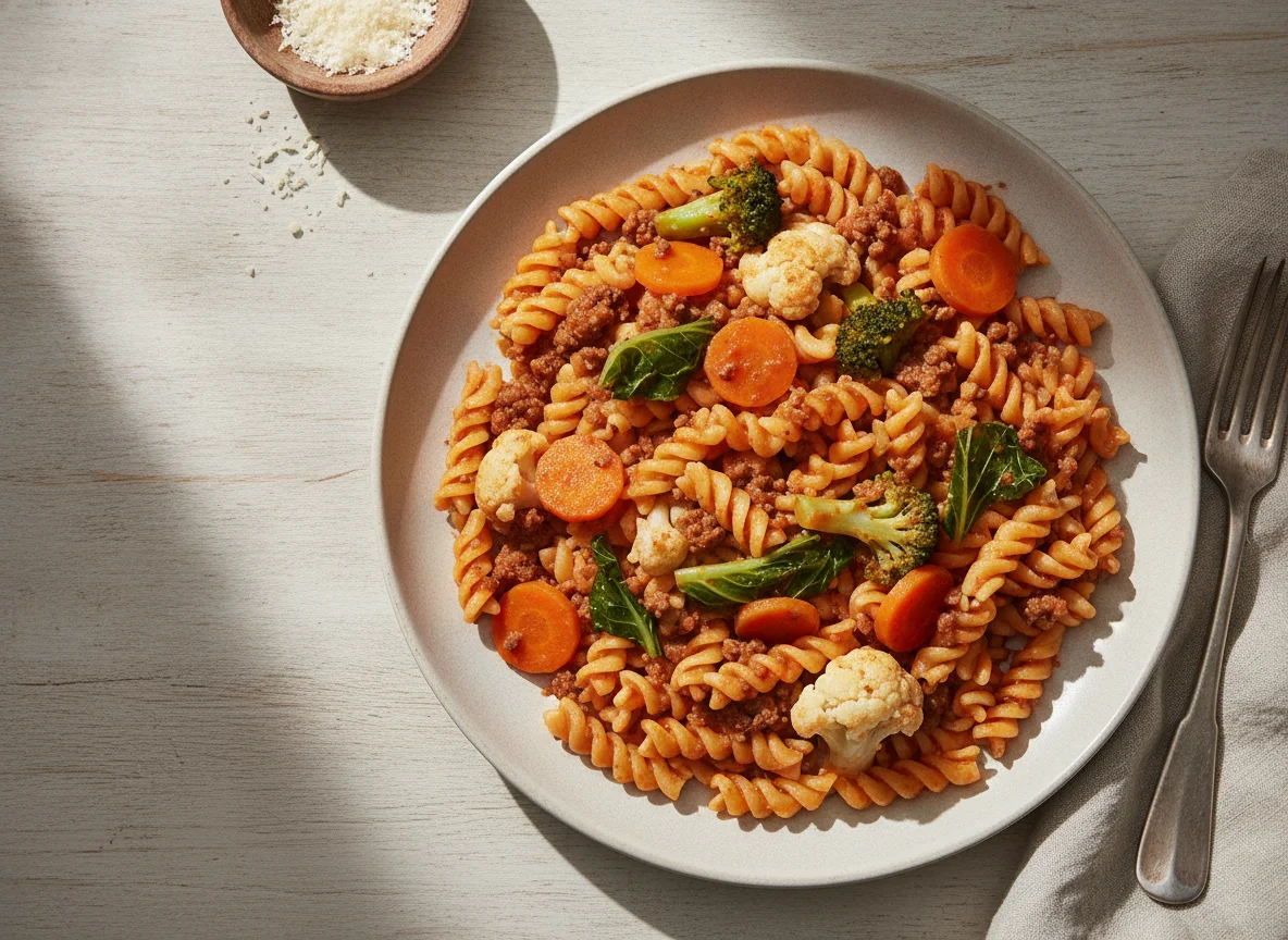 Macarrão fusilli com carne moída e vegetais photo