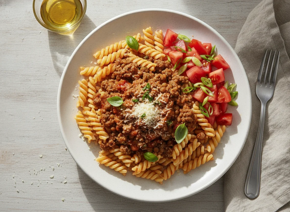 Macarrão fusilli com carne moída, lentilha e salada de tomate photo