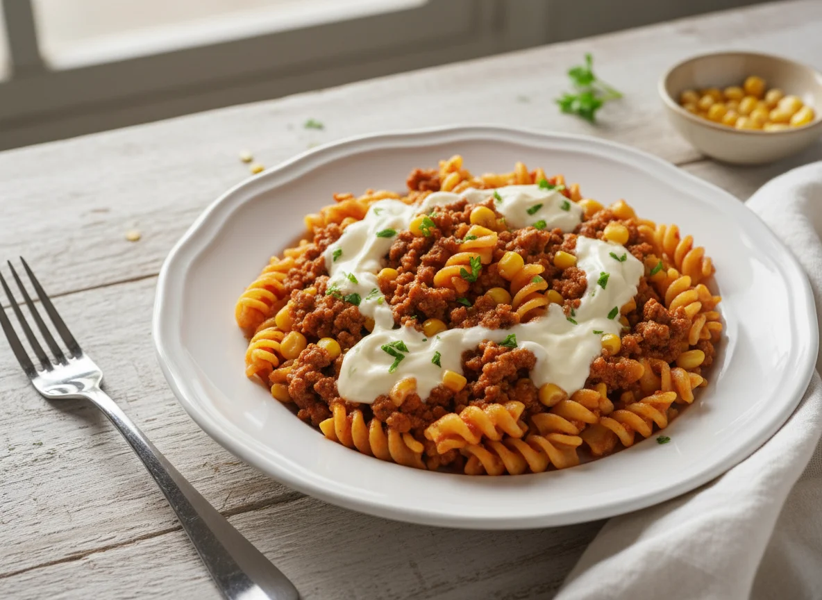 Macarrão Fusilli com Carne Moída, Milho e Requeijão photo