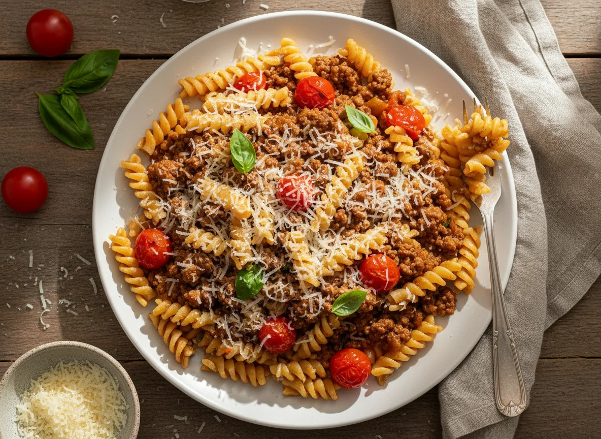 Macarrão Fusilli com Carne Moída, Tomate Cereja e Queijo Ralado photo