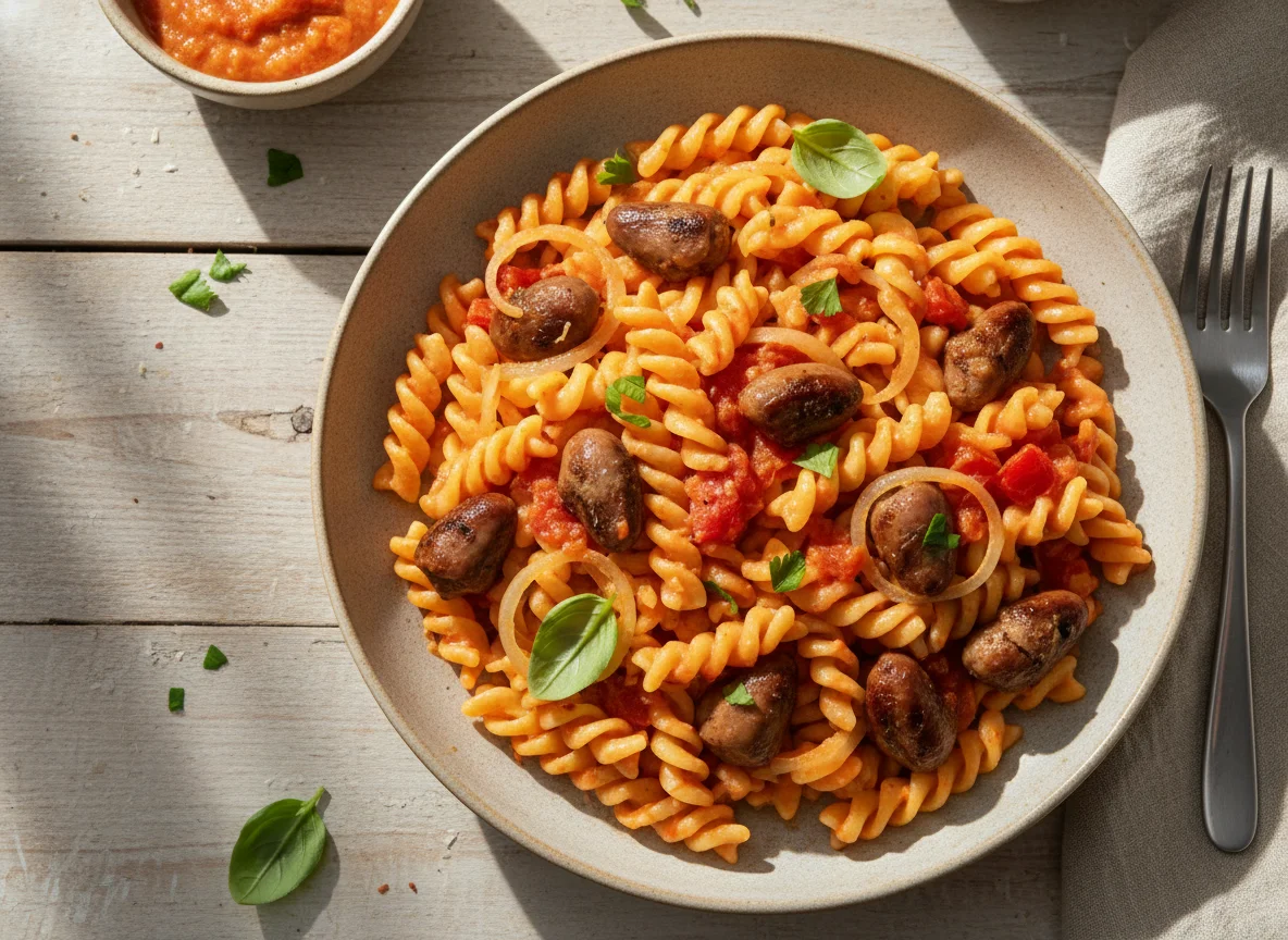 Macarrão Fusilli com Coração de Frango e Molho photo