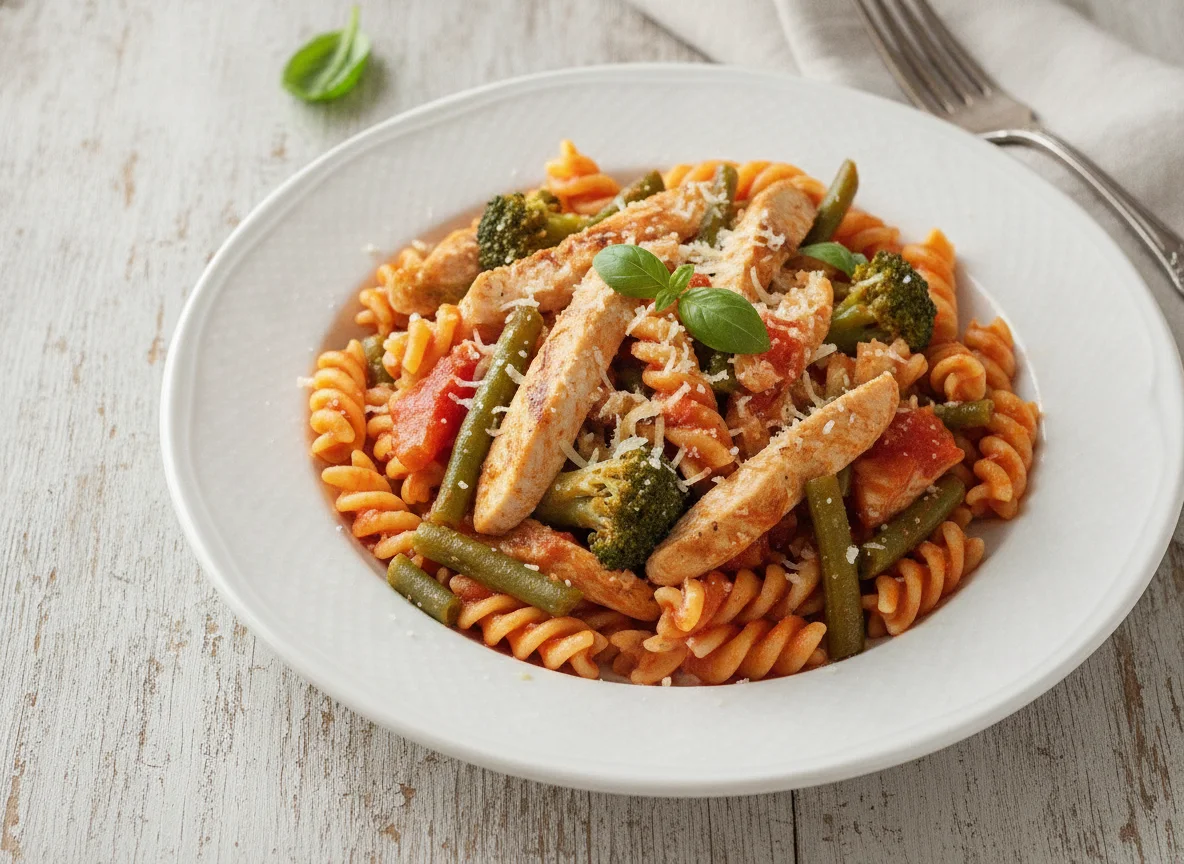 Macarrão fusilli com frango, brócolis e vagem photo