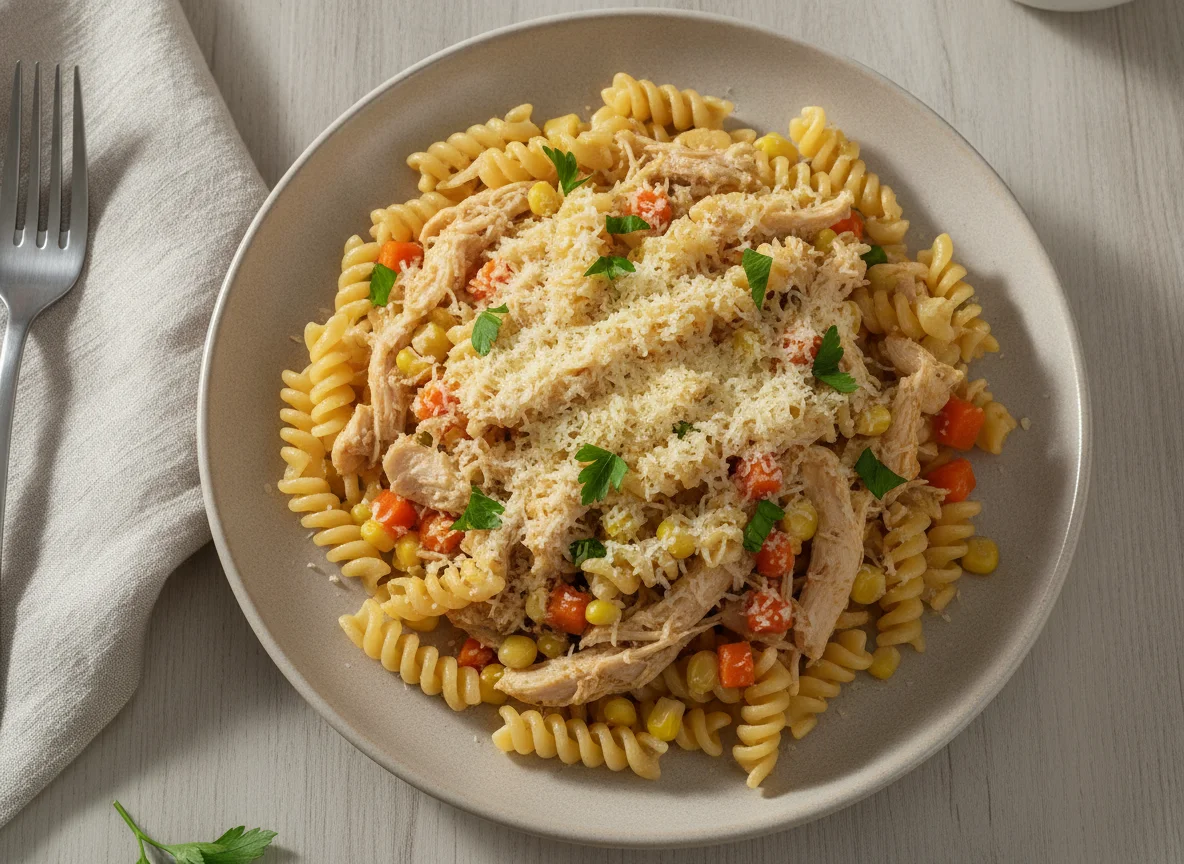 Macarrão fusilli com frango, cenoura e queijo ralado photo