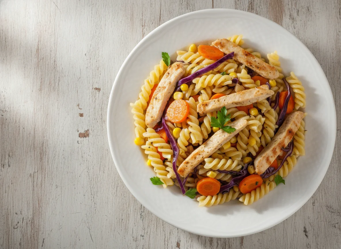 Macarrão fusilli com frango, cenoura e repolho roxo photo