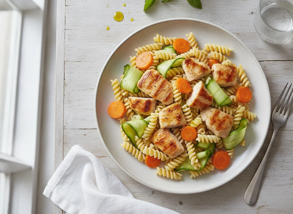 Macarrão fusilli com frango grelhado, cenoura e pepino photo