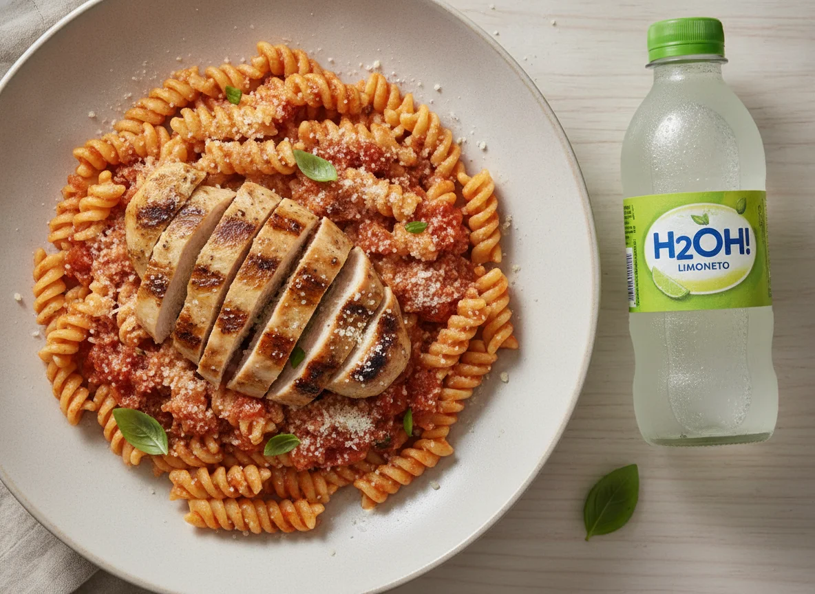 Macarrão fusilli com frango grelhado e molho de tomate photo
