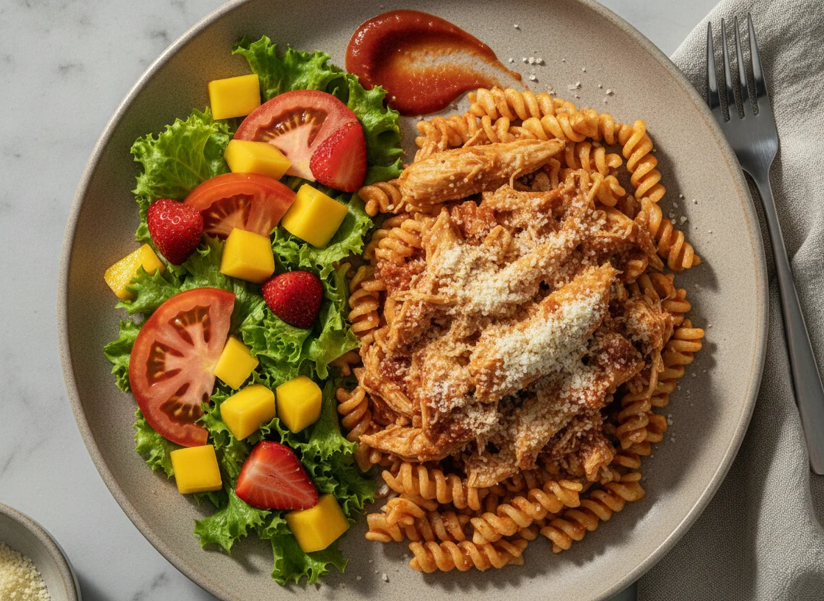 Macarrão fusilli com frango, queijo e salada mista photo