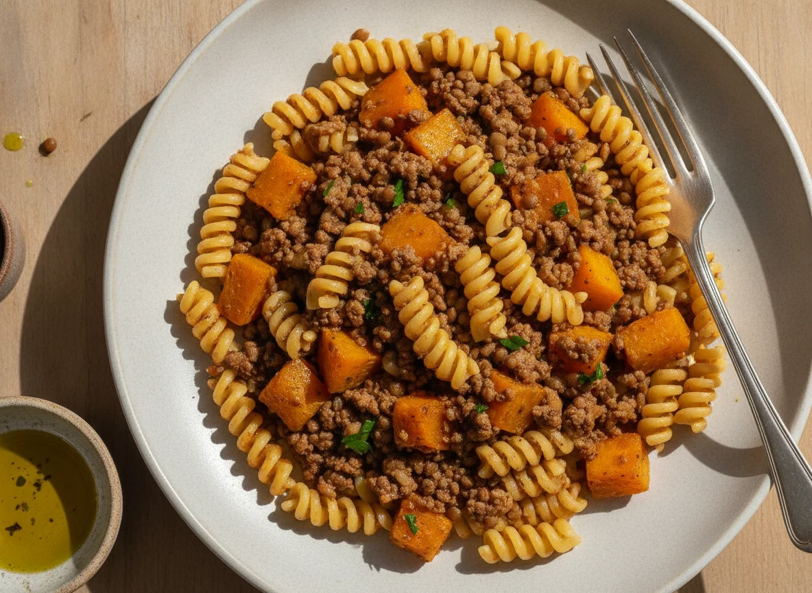 Macarrão fusilli com lentilha e abóbora photo
