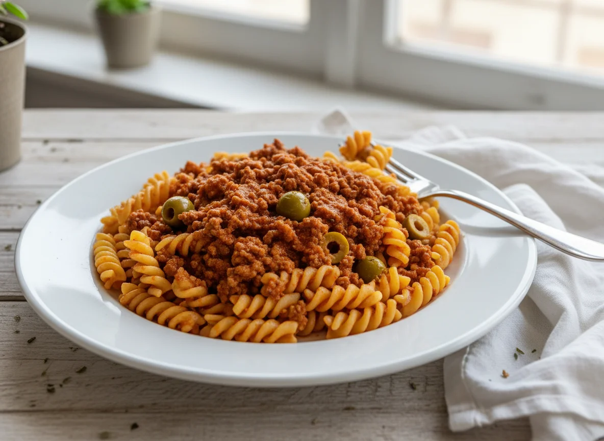 Macarrão Fusilli com Molho à Bolonhesa e Azeitonas photo