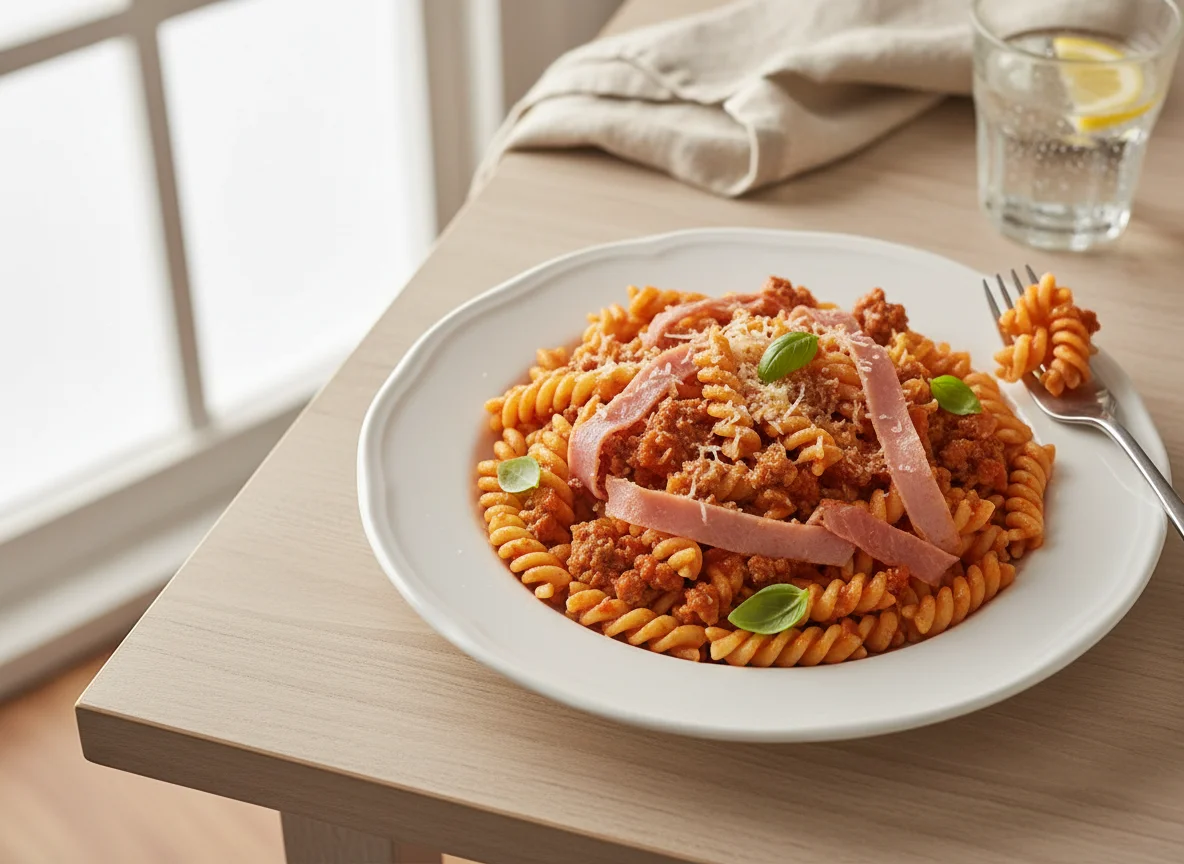 Macarrão Fusilli com Molho à Bolonhesa e Presunto photo
