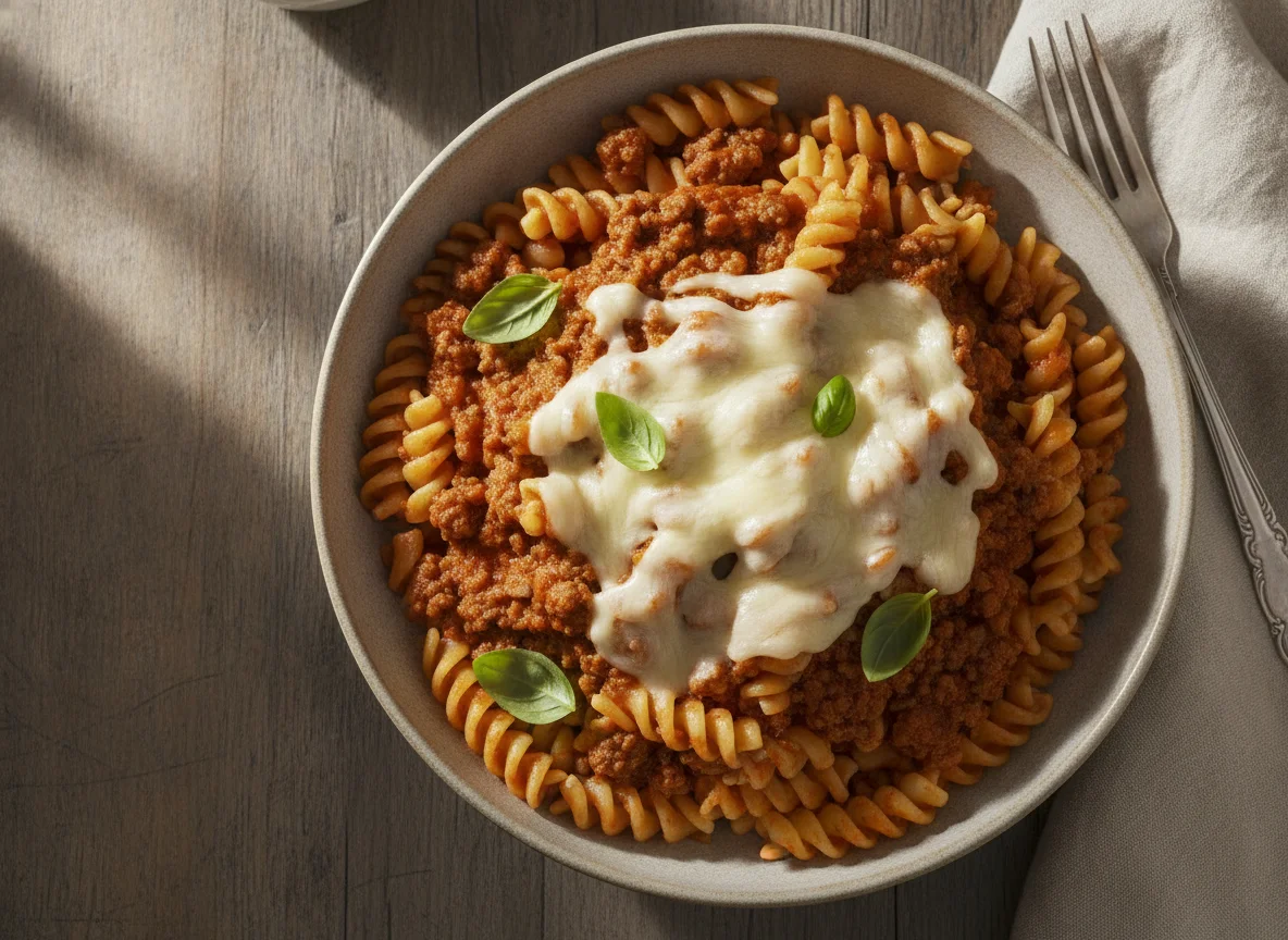 Macarrão Fusilli com Molho à Bolonhesa e Queijo photo