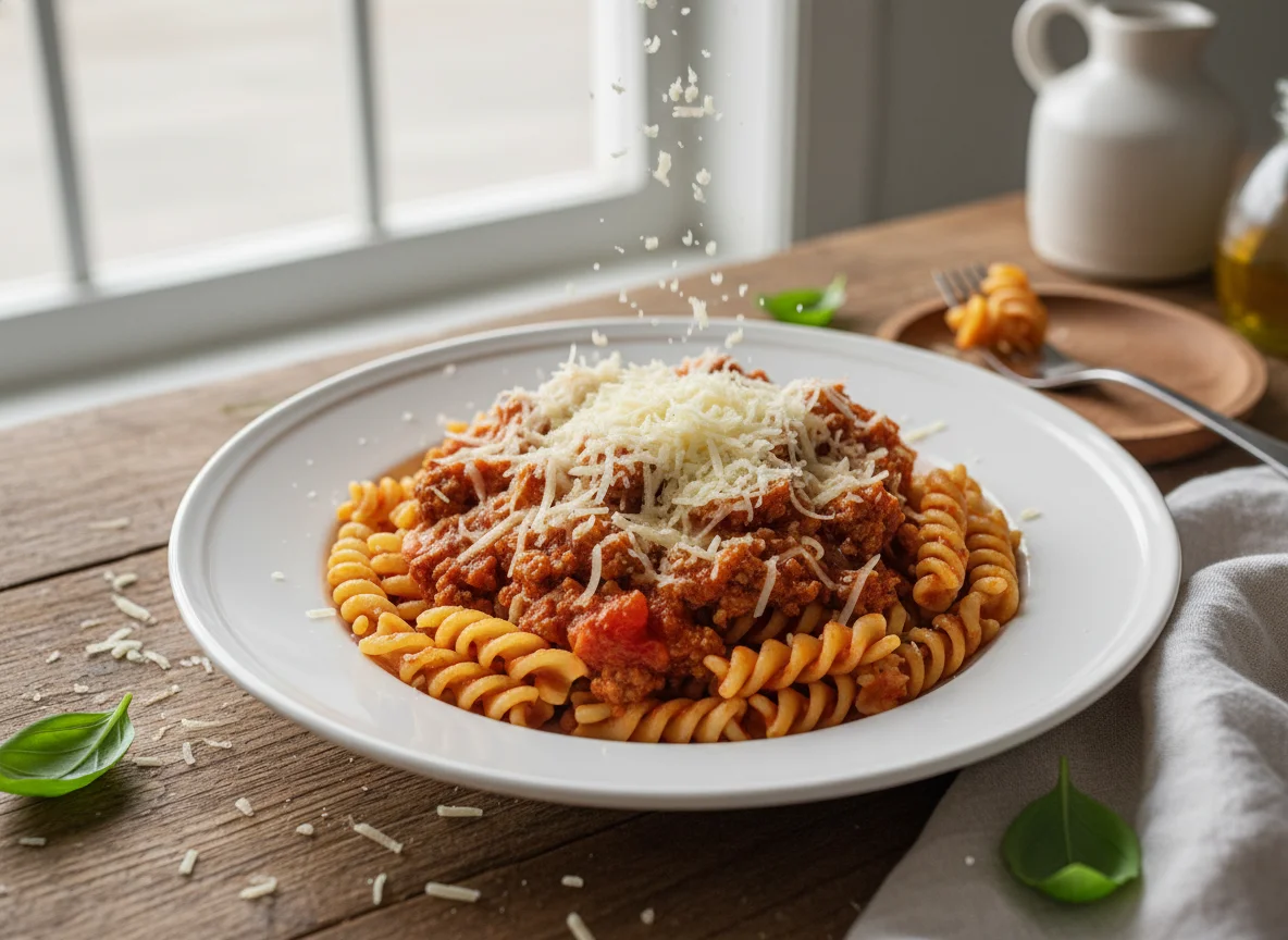 Macarrão Fusilli com Molho Bolonhesa e Queijo Ralado photo