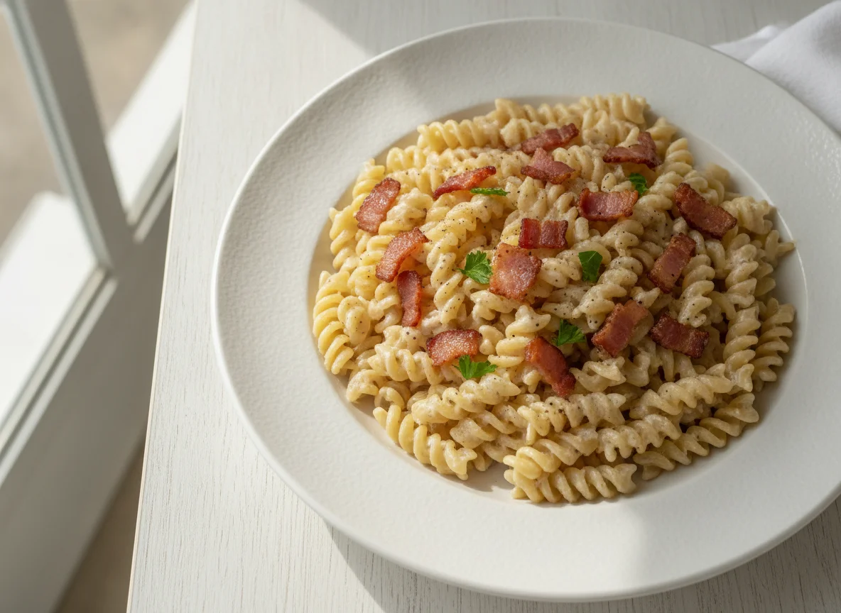 Macarrão Fusilli com Molho Branco e Bacon photo