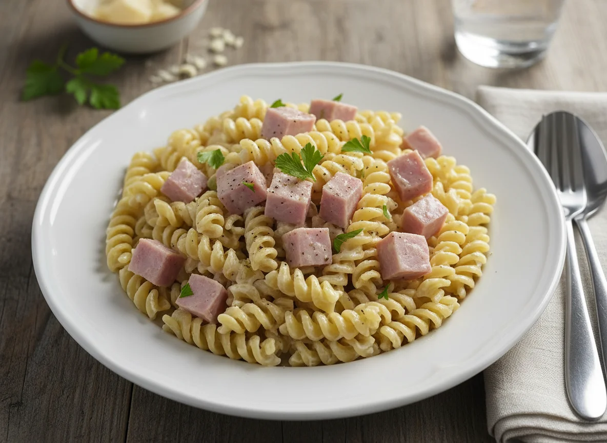 Macarrão Fusilli com Molho Branco e Presunto photo