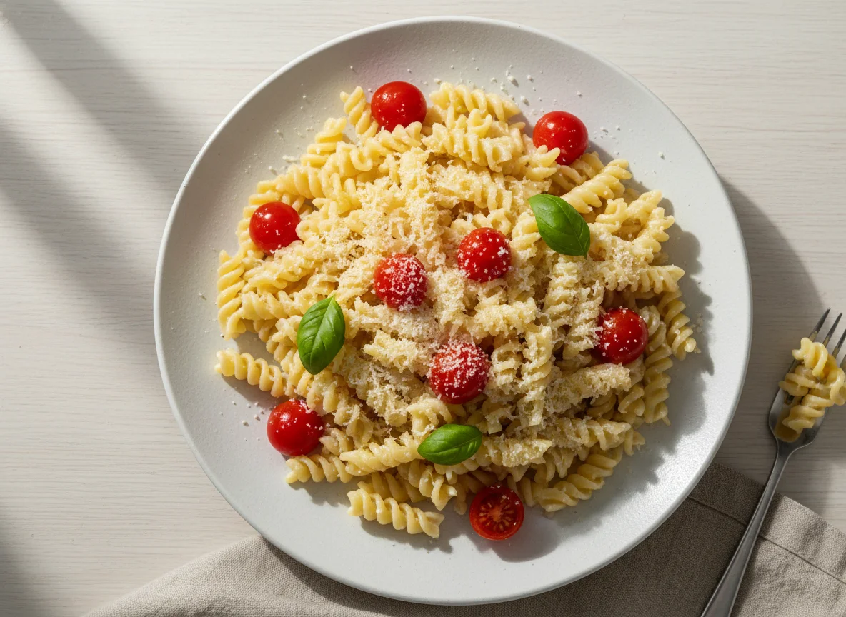 Macarrão Fusilli com Molho Branco, Queijo Ralado e Tomate Cereja photo