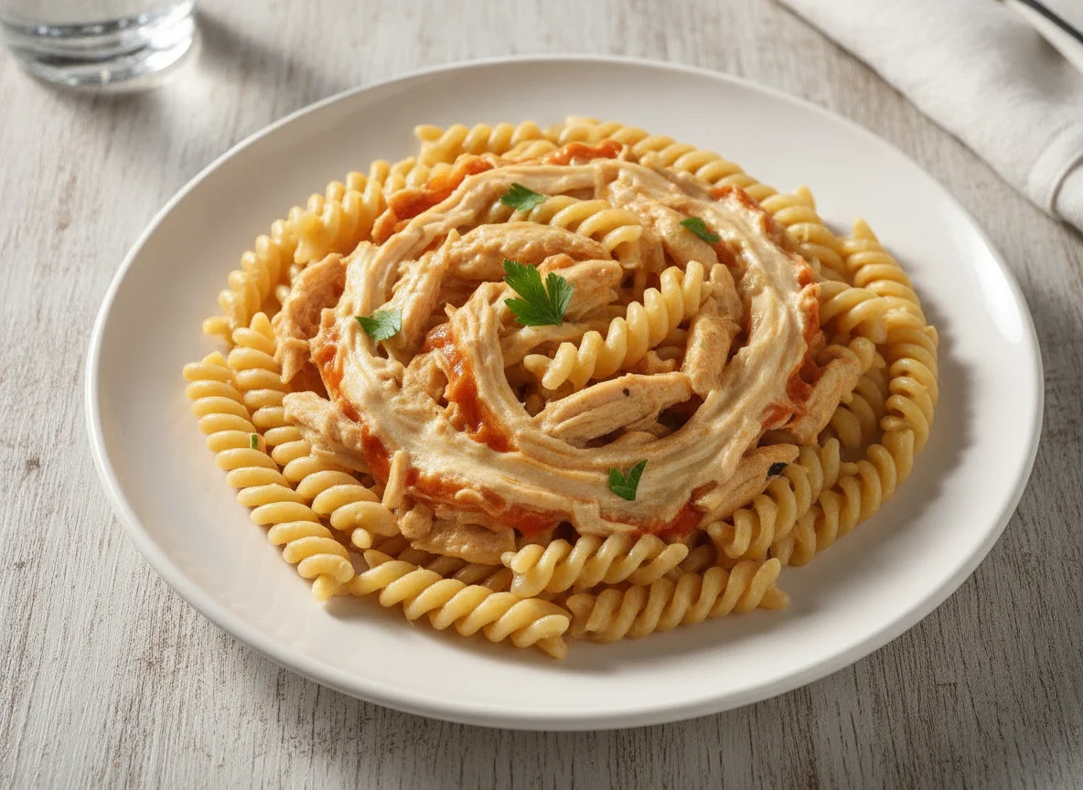 Macarrão fusilli com molho cremoso e frango photo