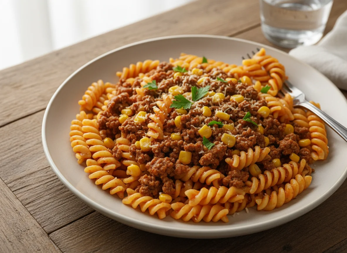 Macarrão Fusilli com Molho de Carne Moída e Milho photo