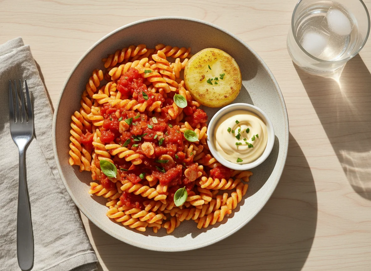 Macarrão fusilli com molho de tomate e acompanhamentos photo