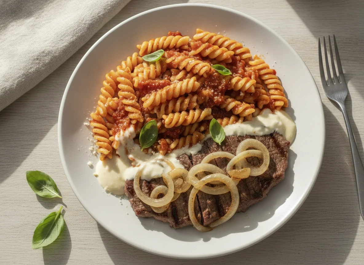 Macarrão fusilli com molho de tomate e bife acebolado photo