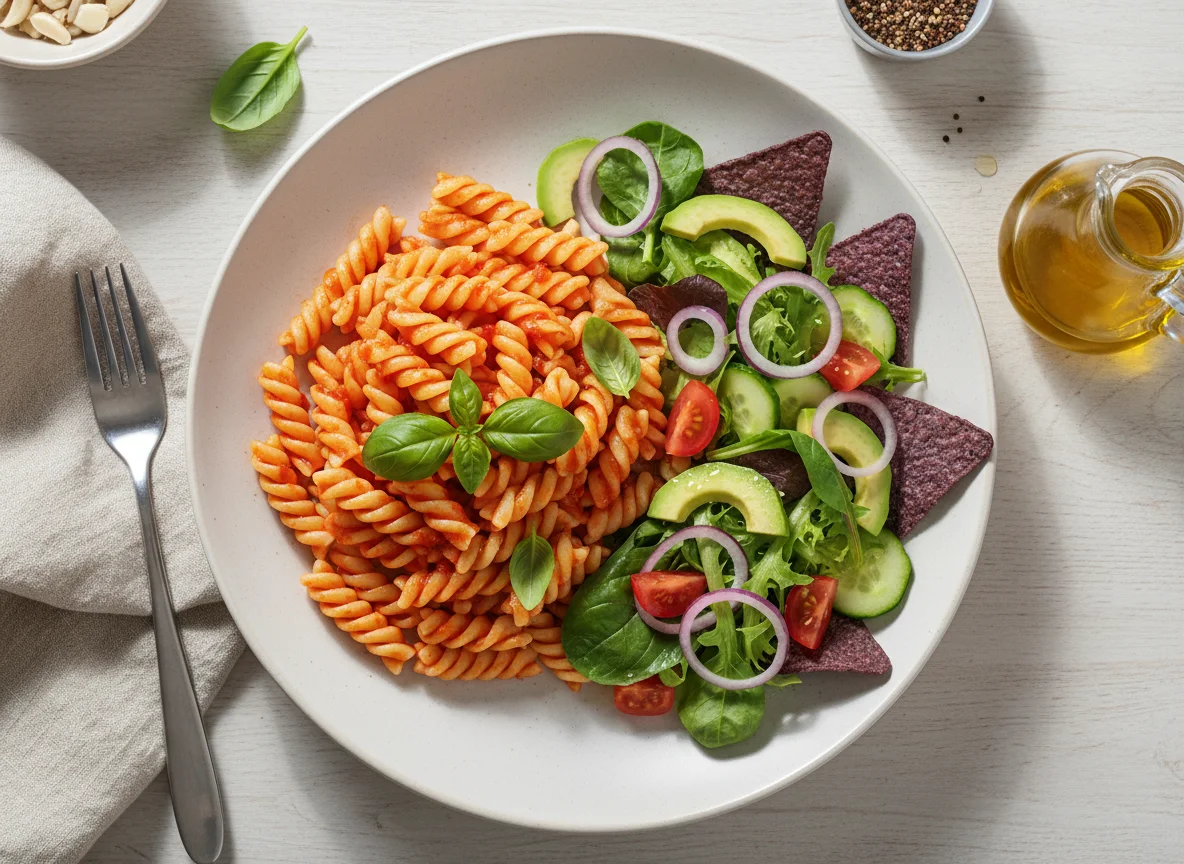 Macarrão fusilli com molho de tomate e salada de abacate com vegetais photo