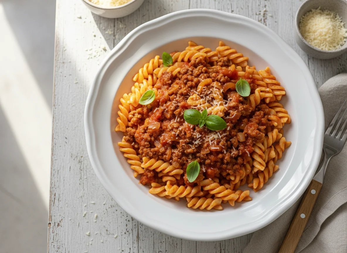 Macarrão Fusilli com Molho e Carne photo
