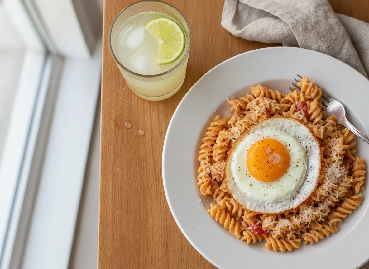 Macarrão fusilli com molho rosé, ovo frito e suco de limão photo
