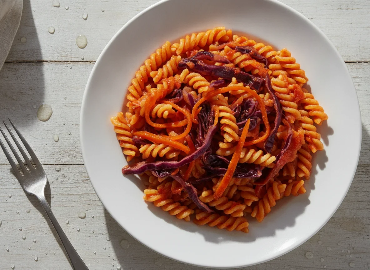 Macarrão fusilli com repolho roxo e cenoura photo
