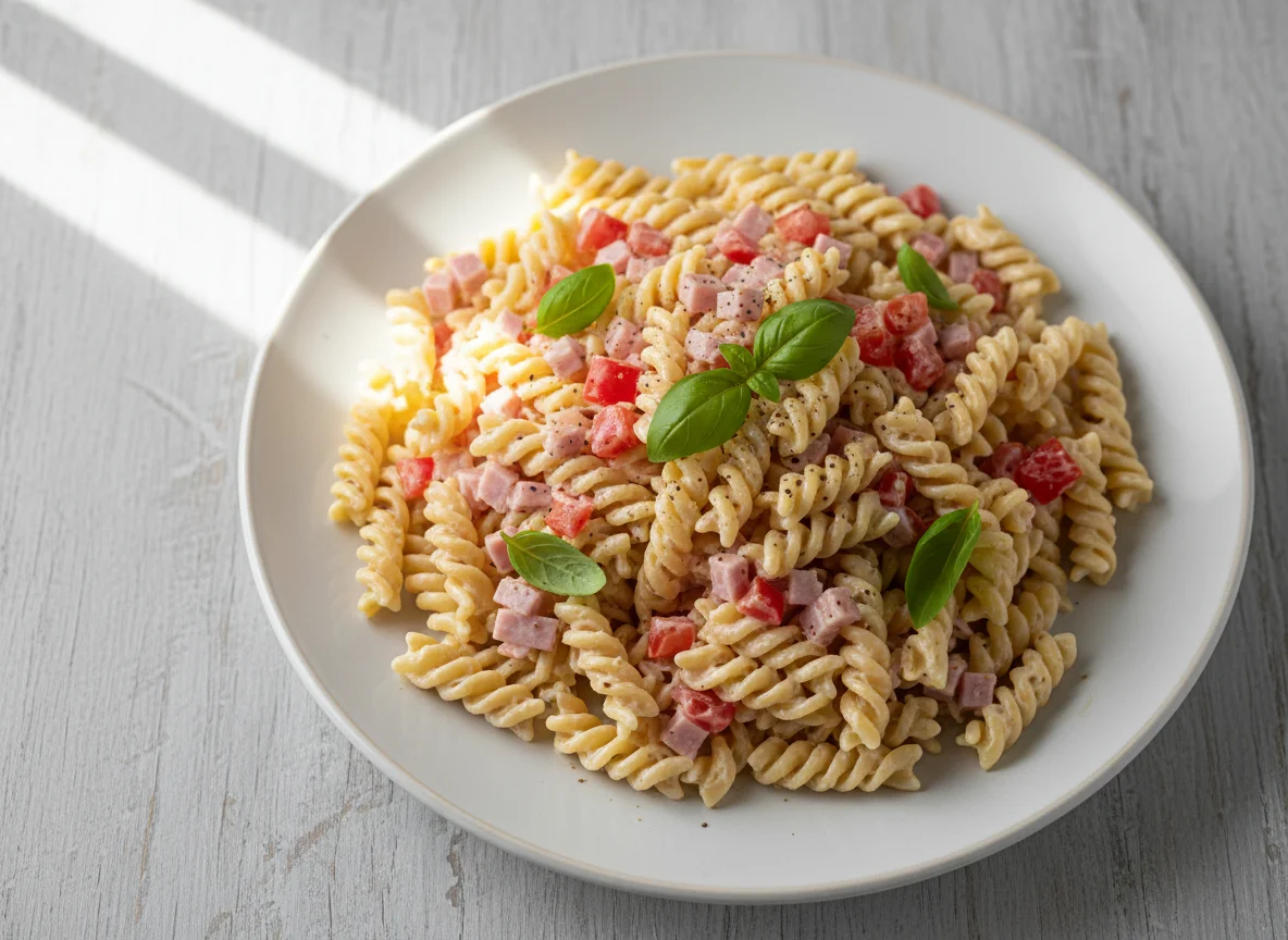 Macarrão Fusilli Cremoso com Presunto e Tomate photo