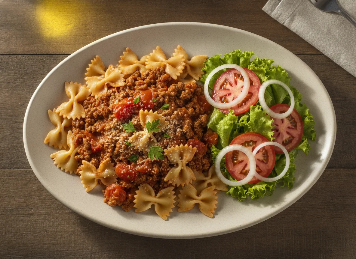 Macarrão gravatinha à bolonhesa com salada photo