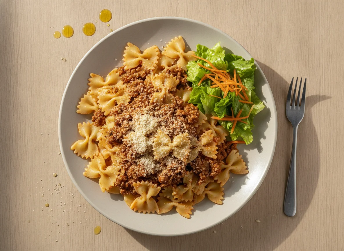 Macarrão Gravatinha ao Molho Bolonhesa com Salada e Queijo Ralado photo
