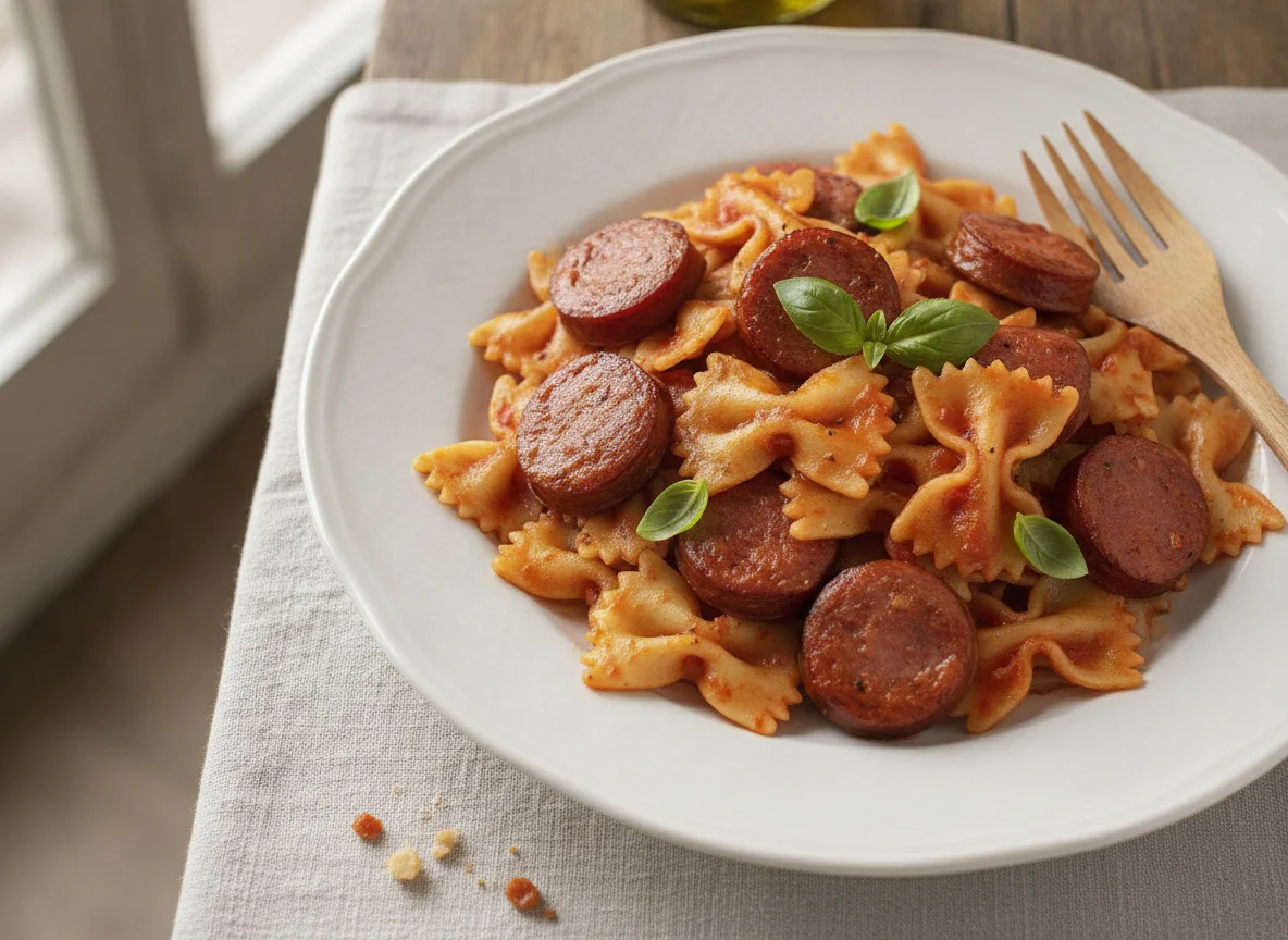Macarrão gravatinha com linguiça photo