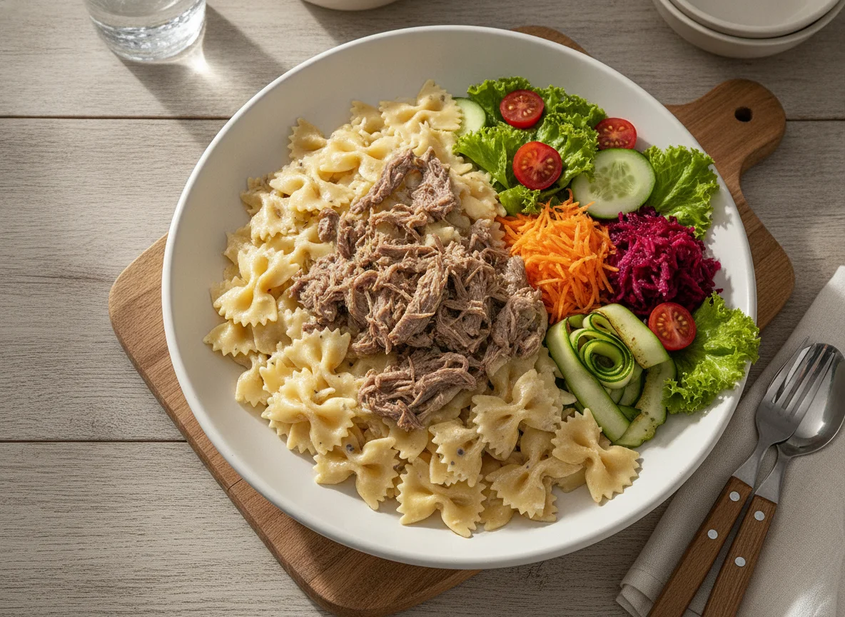 Macarrão gravatinha com molho branco e salada mista photo