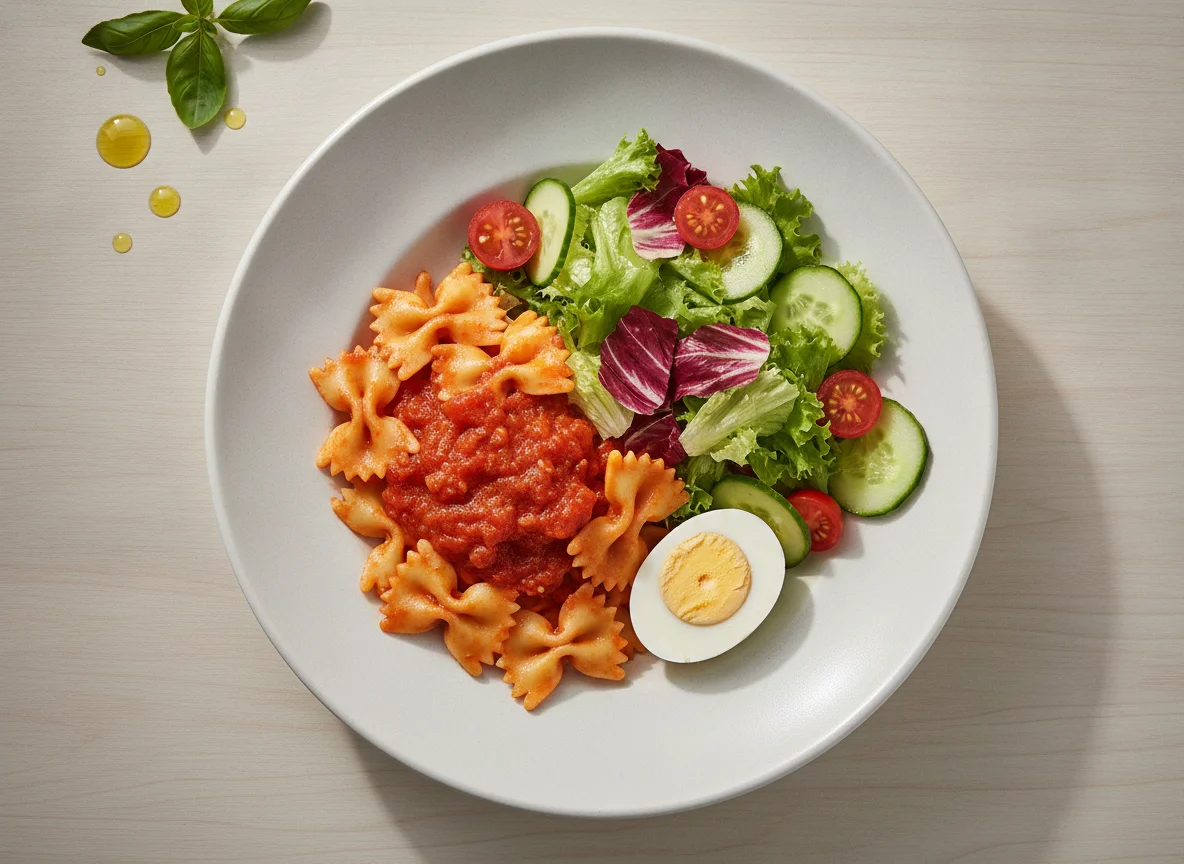 Macarrão gravatinha com molho de tomate, ovo cozido e salada mista photo