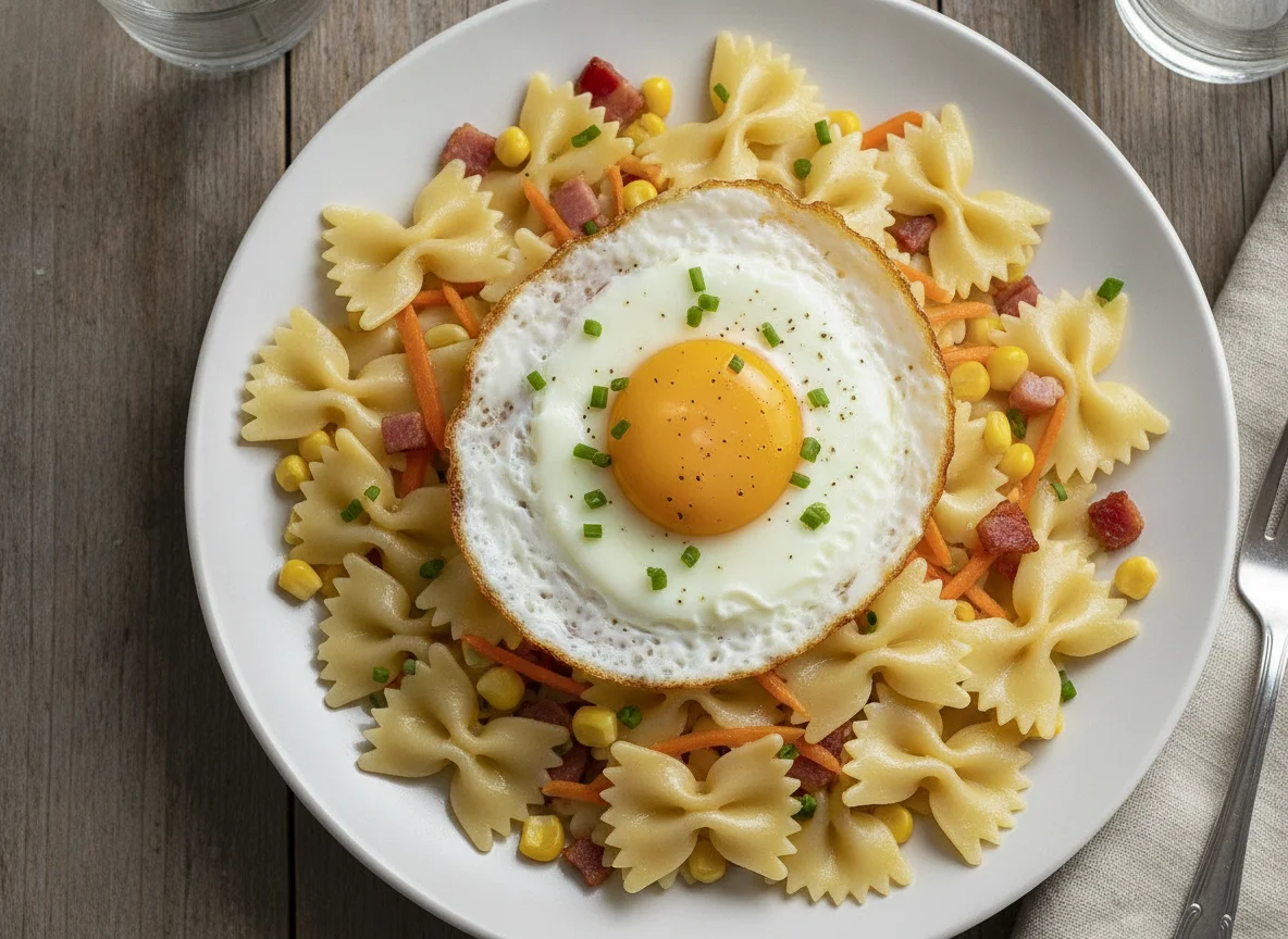 Macarrão gravatinha com ovo frito e vegetais photo