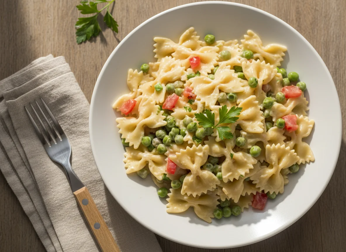 Macarrão Gravatinha Cremoso com Ervilha e Tomate photo