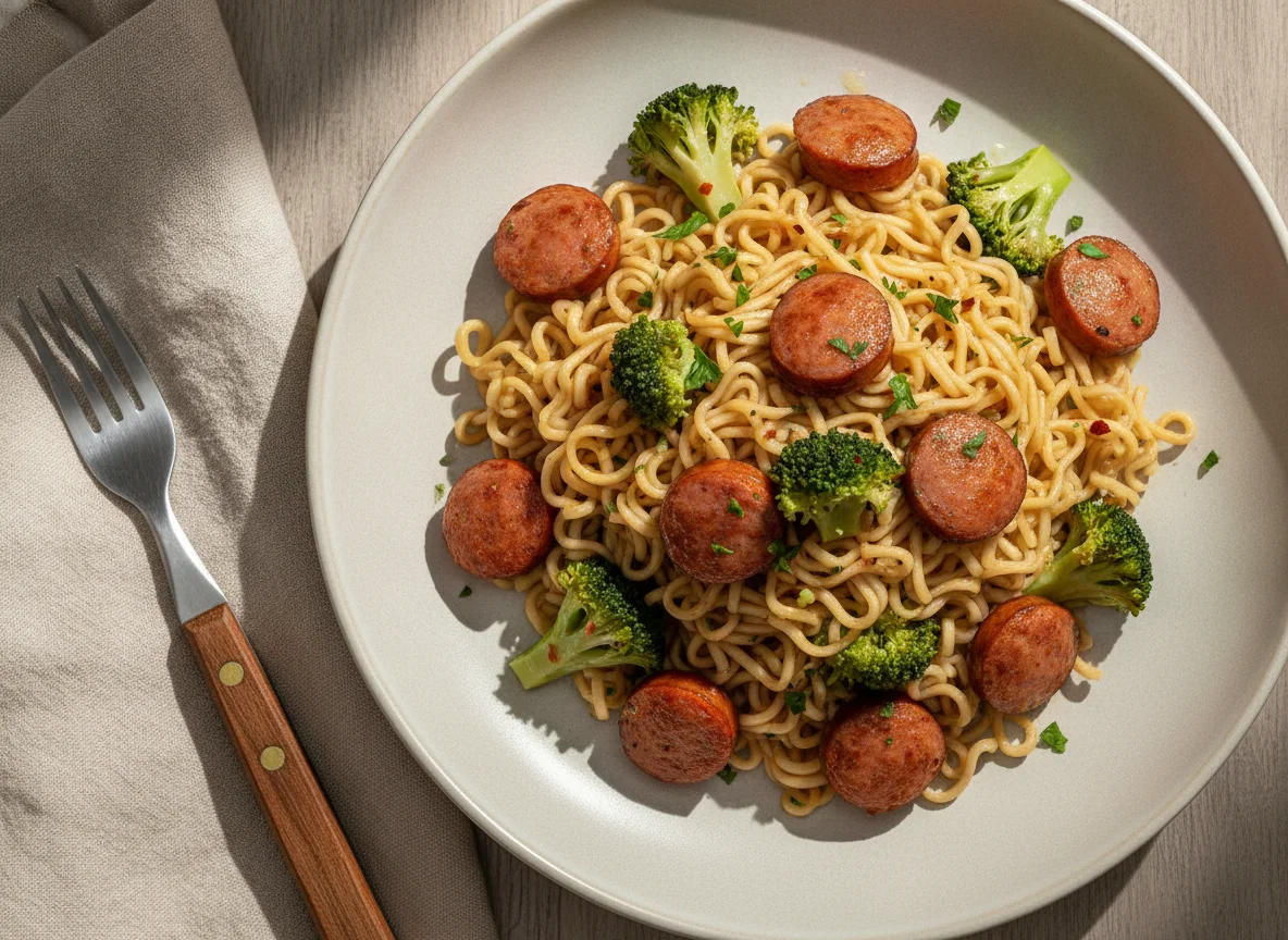 Macarrão instantâneo, brócolis e linguiça photo