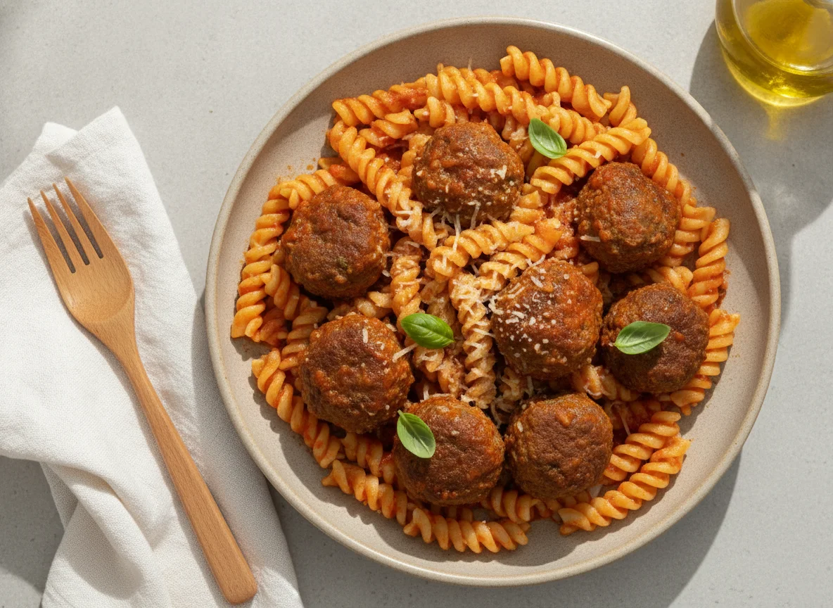 Macarrão parafuso com almôndegas photo