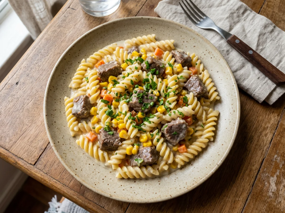 Macarrão parafuso com carne ao molho branco photo