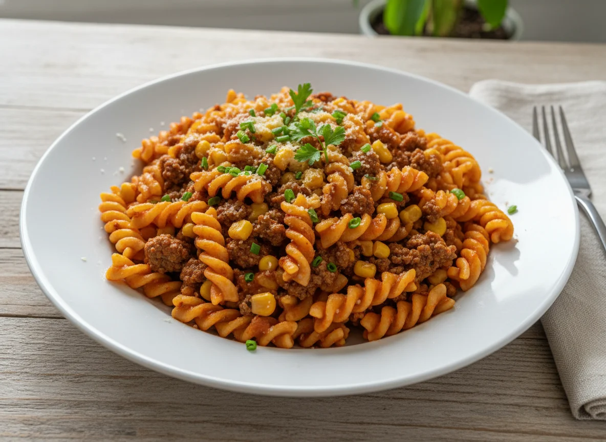 Macarrão parafuso com carne moída e milho photo