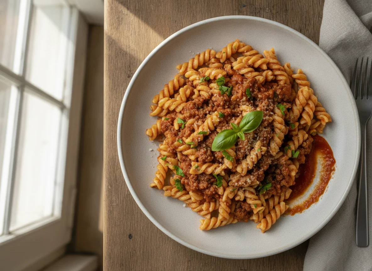 Macarrão parafuso com carne moída e molho de tomate photo