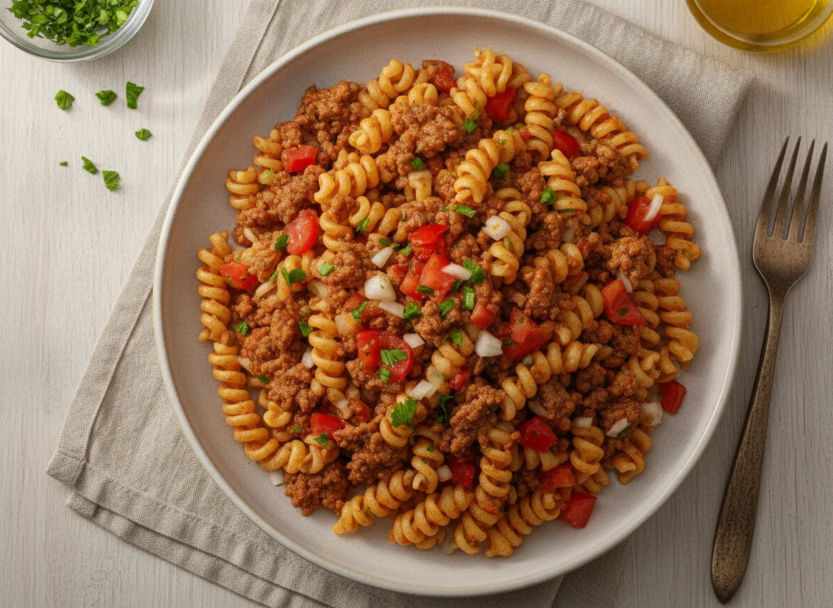 Macarrão parafuso com carne moída e vinagrete photo